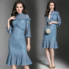 2017 Women Bodycon Dress Blue Lace Trumpet Mermaid Dresses 2017 Spring Autumn New Style Brand Clothing vestidos de festa A-Line
