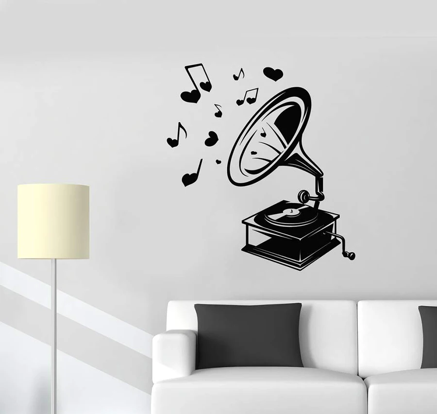 Vintage Retro Music Gramophone Wall Decal Stickers Home Decor Living Room Bedroom Vinyl Art Decals Notes Removable Pattern D369 | Дом и сад