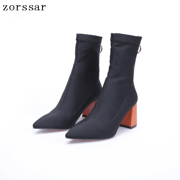 

{Zorssar} 2019 New Women Sock Boots Pointed Toe Elastic High Boots Slip On Thick High Heel Ankle Boots Women Pumps botas mujer