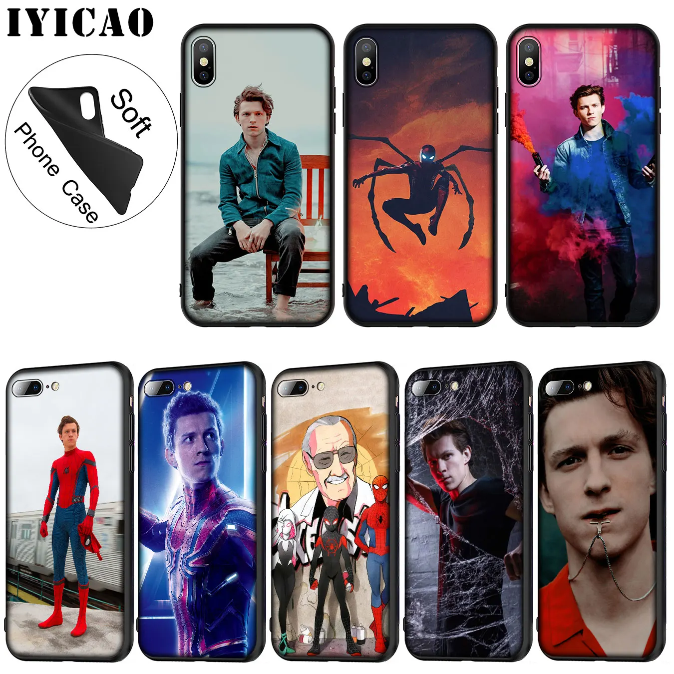 

IYICAO Spider Man Marvel tom holland Soft Silicone Phone Case for iPhone XR X XS Max 6 6S 7 8 Plus 5 5S SE TPU Black Cover