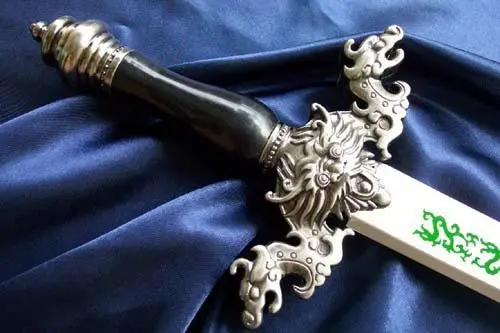 S3514 SILVER DOUBLE DRAGON AUSPICIOUS LUCKY SWORD GREEN TOTEM BLACK HANDLE 39.9