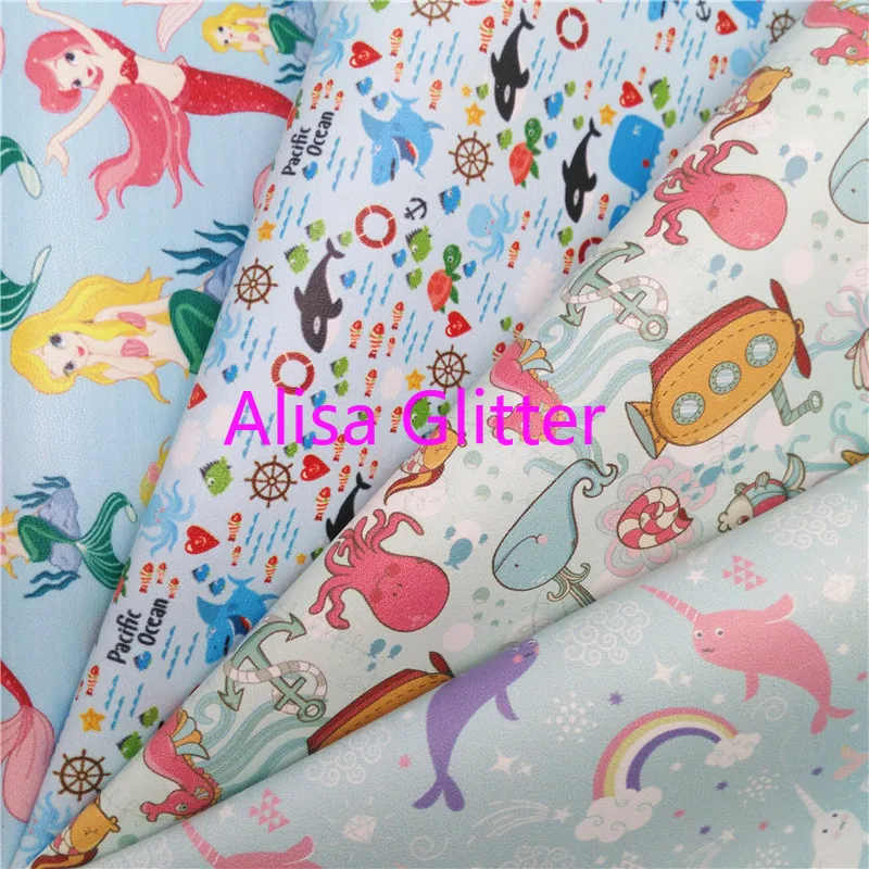 

1PCS A4 SIZE 21X29cm Alisa Glitter Mermaid Printed Faux Leather Fabric, Synthetic Leather Vinil Para Lazos PU for Bow DIY E06E