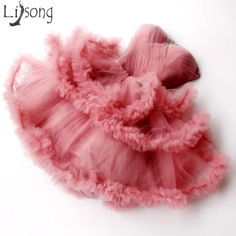 

Pretty Coral Pink Tiered Short Tutu Cocktail Dresses Sweetheart Ruffles Mini Formal Party Dress Shiny Crystal Prom Gowns