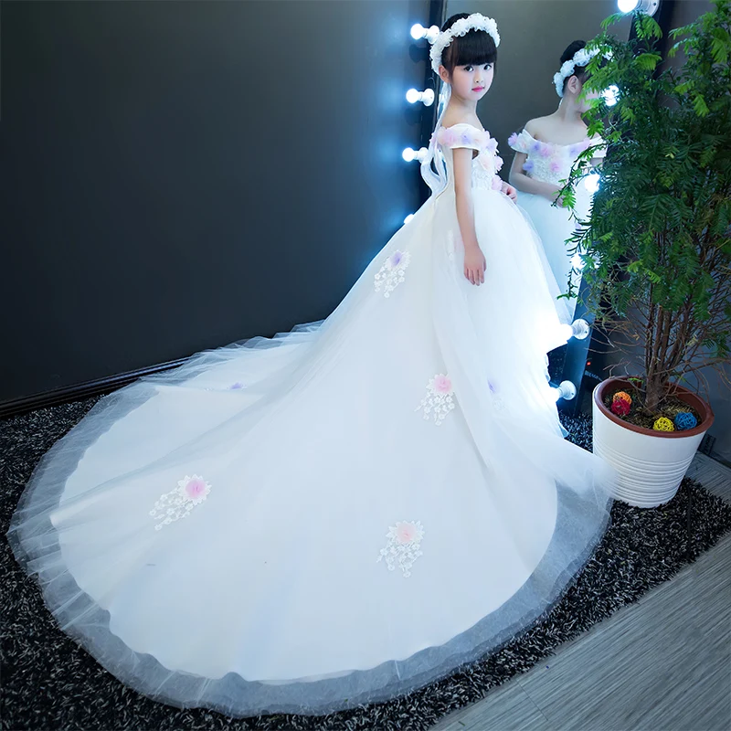

Trailing Luxury Ball Gown Kids Pageant Dress Flower Girls Dresses Wedding Birthday Holy Communion Dress Girls Party Dress D192