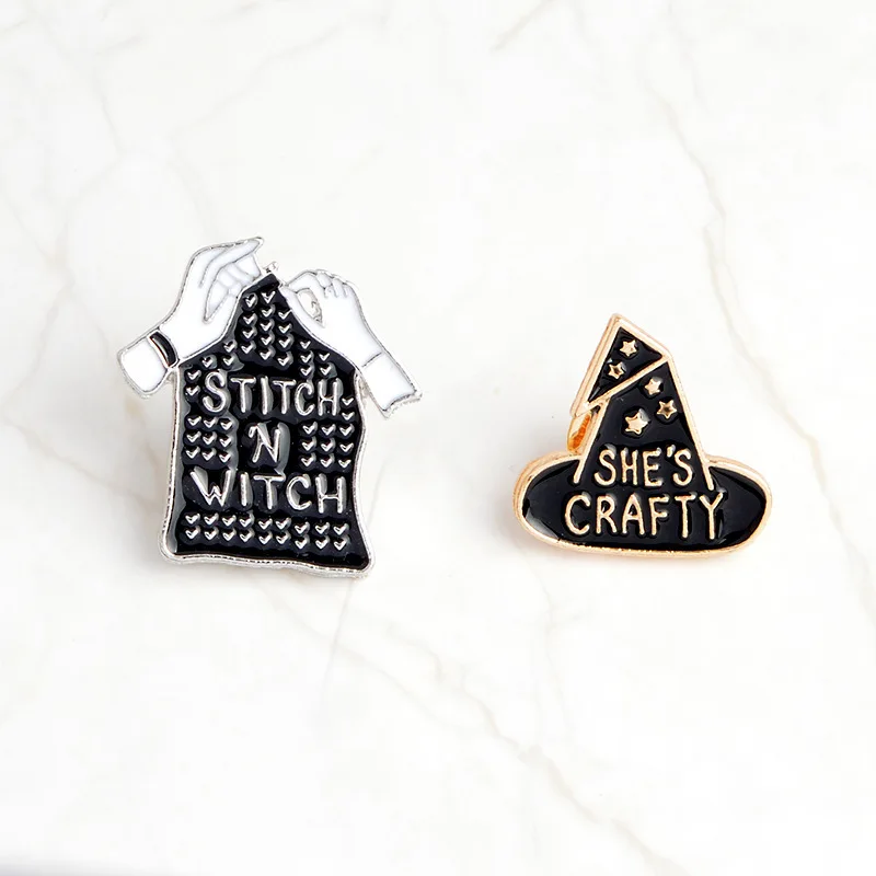 

MINGQI Fashion brooches original she is crafty drop oil Enamel Magic Gloves WITCH STICH pin badge Shirt Collar Lapel Jewelry