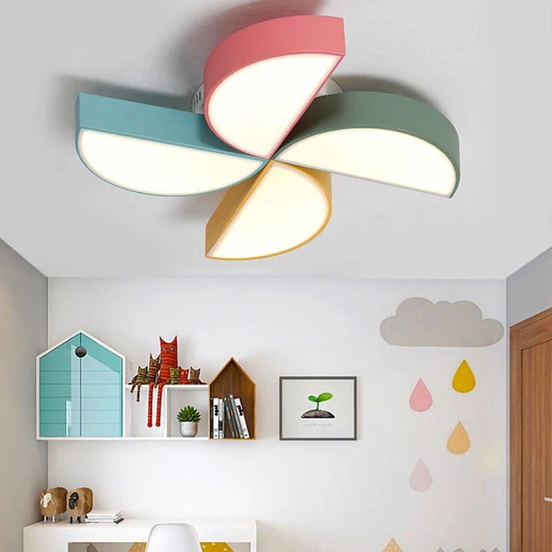 

Modern minimalist wrought iron paint acrylic color ceiling lamp children's room decoration LED windmill design dimmable lighting