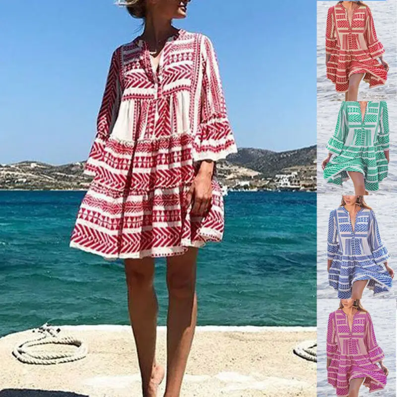 

Womens Summer Boho Floral Short Maxi Dress Tunic Cocktail Party Beach Dress Cover Ups