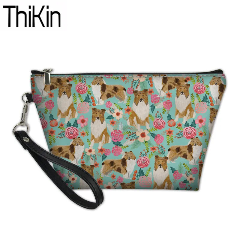 

THIKIN Cosmetic Bags for Make Up Women Rough Collie Printing Makeup Pouch Ladies PU Cosmetic Cases Females Wash Kit Bag Girls