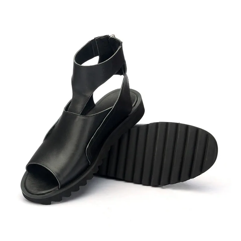 New Gothic High Top Mens Sandals Zipper Genuine Leather Summer Punk Peep Toe Gladiator Shoes Ankle Strap Platform Slippers