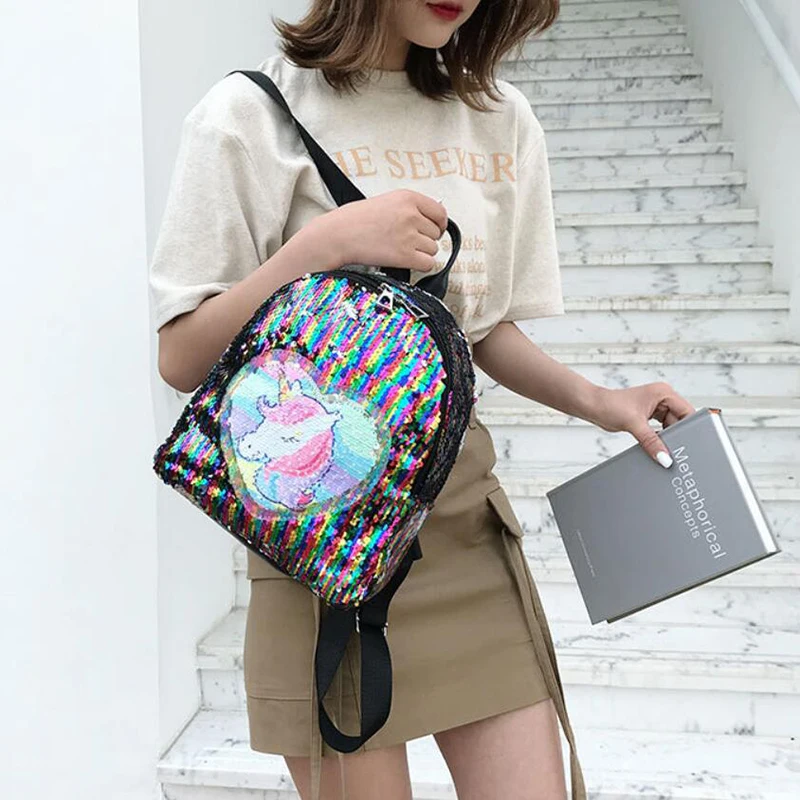 Рюкзак с разноцветными блестками и изображением единорога, модная блестящая школьная сумка для книг, милая голограмма, лазерная сумка из искусственной кожи, дорожная сумка