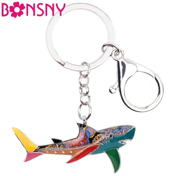 

Bonsny Enamel Shark Key Chain Key Ring Handbag Bag Charm Alloy Keychain New Fashion Accessories Ocean Animal Jewelry For Women