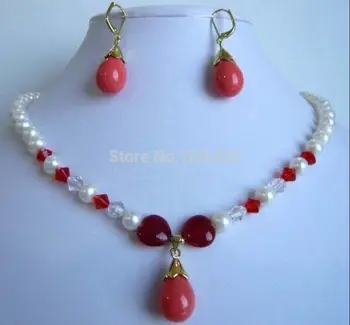 

SD Wholesale>>white pearl green/red/blue jade & shell necklace & pendant earring set
