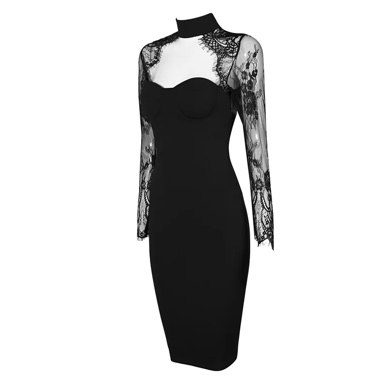 Новое модное элегантное и сексуальное женское черное кружевное вечернее платье с длинным рукавом и высоким воротом+ костюм