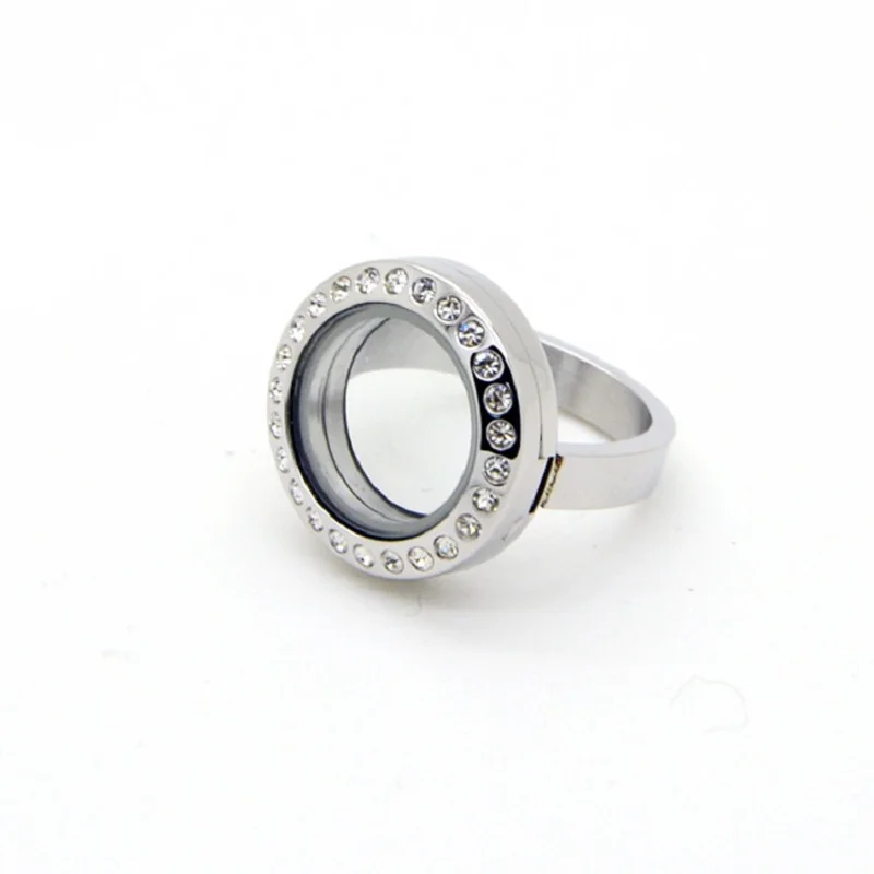 20mm Stainless Steel Floating Locket Ring With Rhinestones
