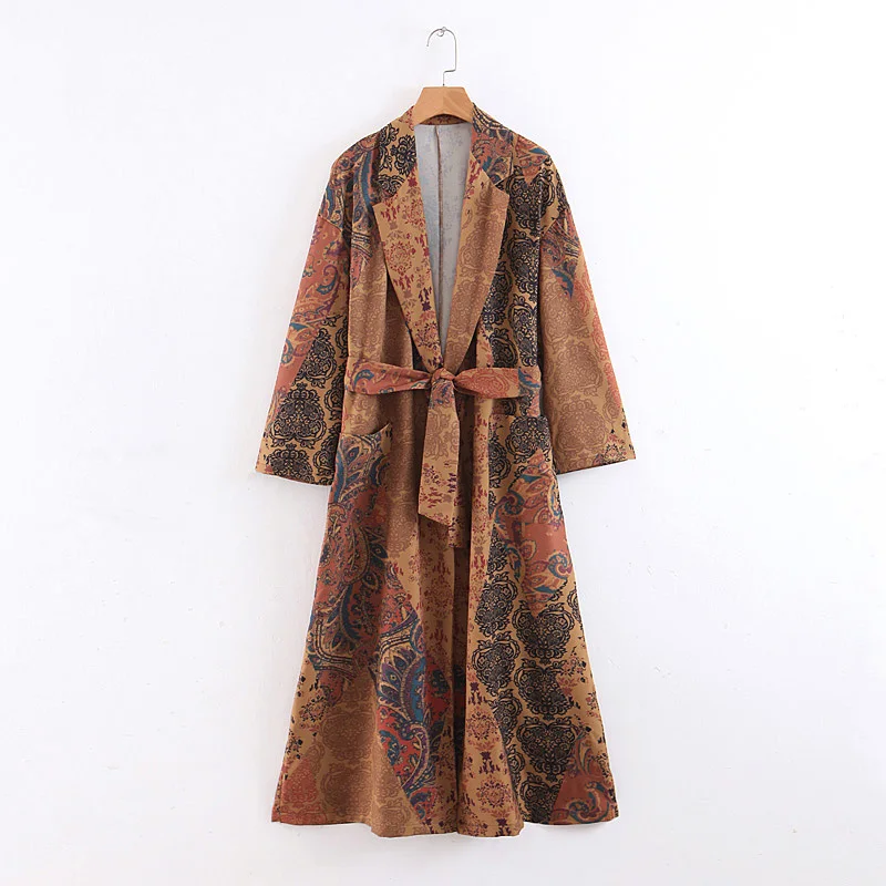 

Women vintage floral print long blazer sashes lapel long sleeve coat female retro chic outerwear feminine tops