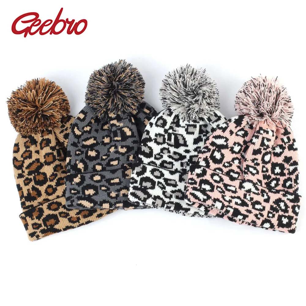 

Geebro Women's Leopard Beanie with Pompom Winter Warm Knitted Slouchy Beanie with Pompon for Women Balavaca Skullies&Beanies