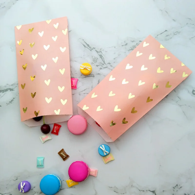 

25pcs Wedding Favor Bag Bridal Shower Wedding Birthday Paper Bags For Gifts Pink and Gold Foil Heart dessert package
