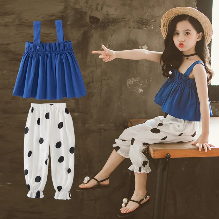

Girls Clothes Set Solid Vest + Dot Pants 2PCS Girls Set Teenage Kids Children'S Summer Suits 6 8 10 12 13 14 Year