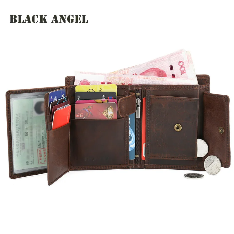 

BLACK ANGEL Vintage Genuine Leather Men Wallets Cowhide Trifold Zipper Wallet Short Vertical Design Purse Card Holder
