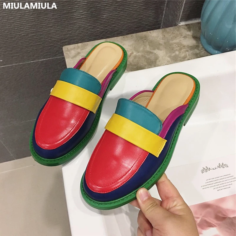 

MIULAMIULA Brand Designer 2019 Autumn New Fashion Luxury Rainbow Leather Shoe Woman Comfortable Slip On Loafers Mules SIZE 35-40