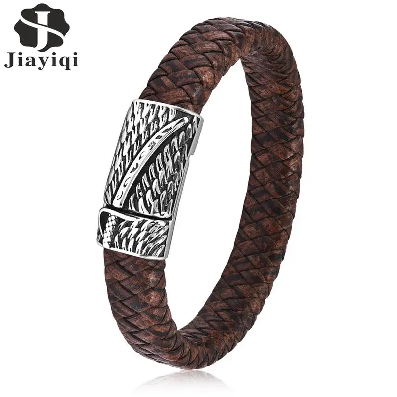 Jiayiqi Punk Men Jewelry Brown Braided Leather Bracelet Stainless Steel Magnetic Clasp Fashion Bangles 18.5cm Jiayiqi Punk Men Jewelry Brown Braided Leather Bracelet Stainless Steel Magnetic Clasp Fashion Bangles 18.5cm