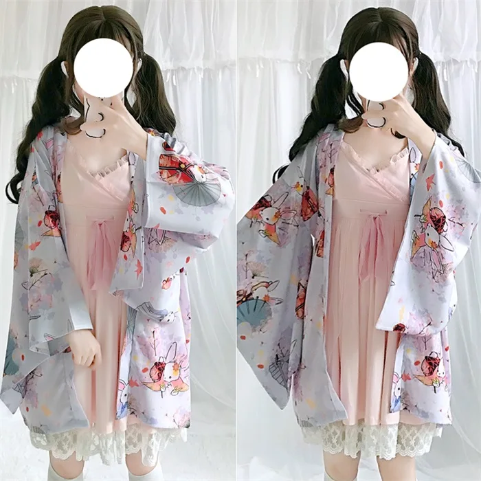 Летний японский стиль Лолита милый кролик печатных Защита от солнца кимоно пальто Топы Haori кардиган+ платье без рукавов мягкая сестра - Цвет: 1 Set