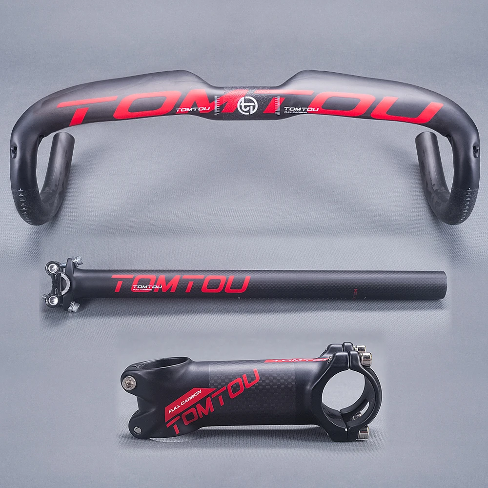 

TOMTOU Cycling Carbon Fiber Handlebar Set Road Bicycle Handlebar + Seatpost + Stem Bike Parts 630g Matte Red - TC8T49
