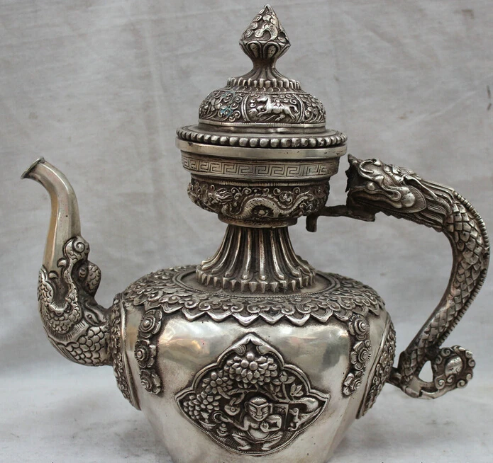 

JP S62 11" China Chinese Dynasty Palace Silver People Dragon Flower Wine Tea Pot Flagon