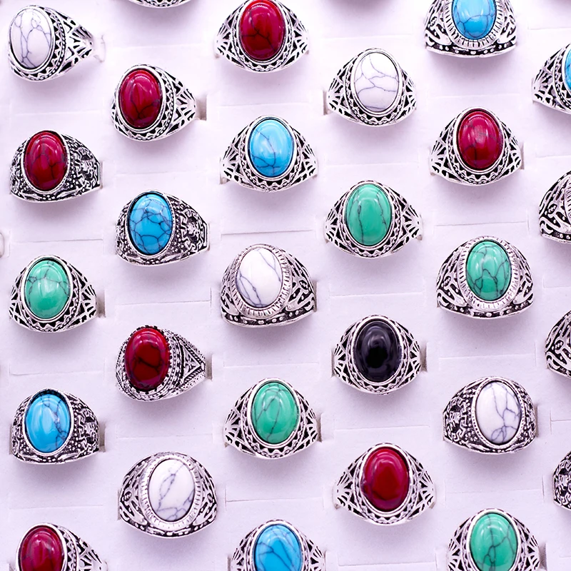 

Wholesale 24pcs/lot Natural Stone Rings 2018 New Arrival Vintage Oval Stone Ring for Women MR113