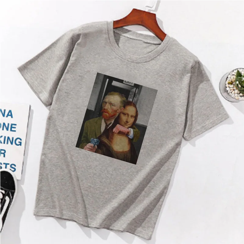 

Spoof Harajuku Gray Female T-shirt 2019 New Summer Funny Monalisa Da Vinci Printed Womens T Shirt Abstract Art Womens Tees Tops