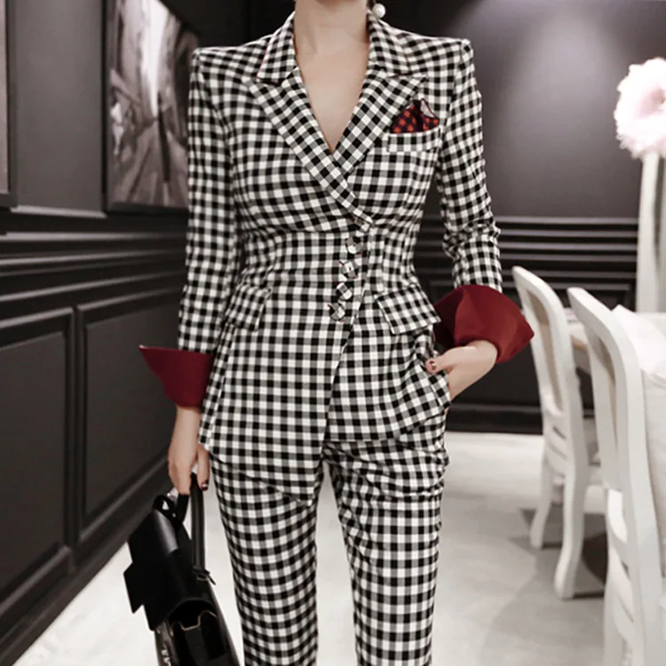 

Set female 2018 autumn and winter new temperament fashion plaid small suit jacket + feet pants elegant casual two-piece women's