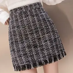 2019 Женская шерстяная мини-юбка весна осень новая юбка винтажная клетчатая юбка с кисточками приталенная юбка с высокой талией Femininas