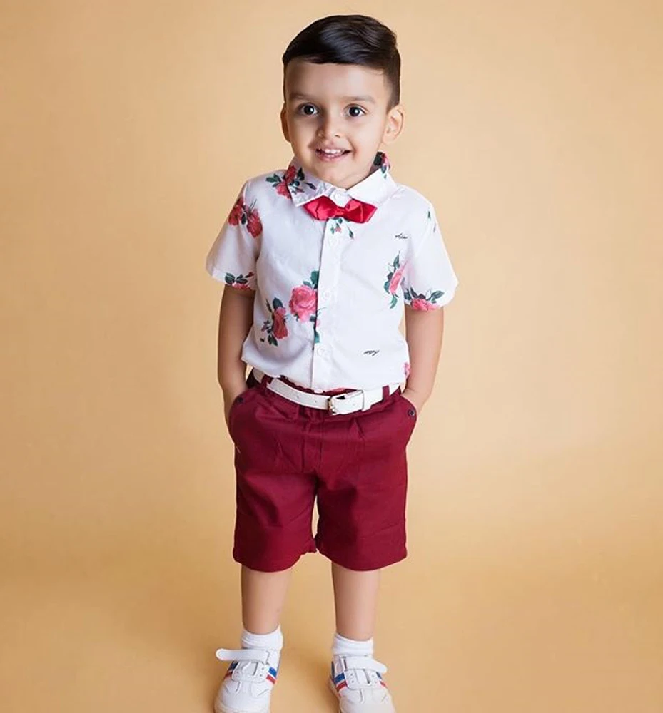 Летняя одежда для маленьких мальчиков футболка с короткими рукавами и цветочным принтом+ короткие штаны деловой костюм джентльмена из 2 предметов