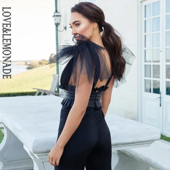 

LOVE&LEMONADE Sexy Black V-Neck Upper Body Mesh Straps High Waist Fit Jumpsuit LM82049