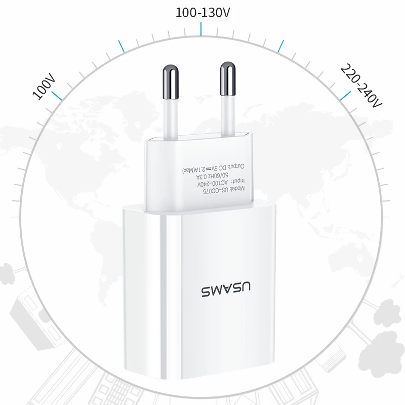 USAMS USB зарядное устройство Быстрая зарядка настенное зарядное устройство для iPhone X iPad 2.1A EU US переходник для samsung Xiaomi зарядное устройство для мобильного телефона