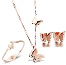 316L de acero inoxidable chapado en oro Rosa esmerilado mariposa joyería set collar + aretes + brazalete de la venta