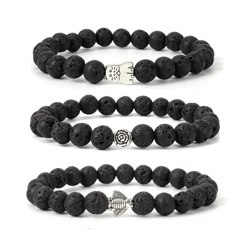 

Hot Trendy 8MM Natural Black Lava Volcanic Stone Beads Couple Bracelets for Women Silver Cross Pineapple Bee Strand Bracelet Men