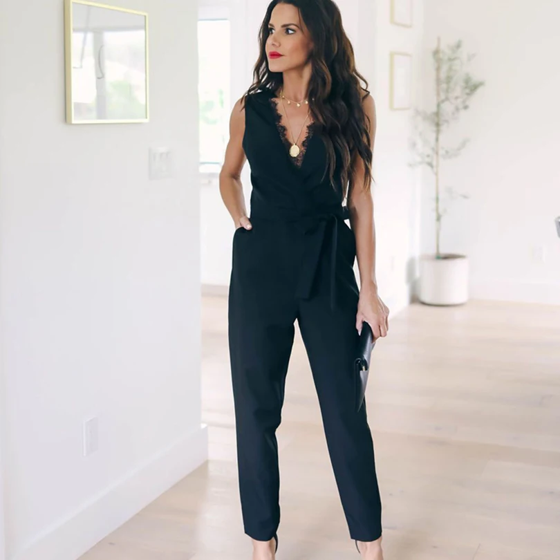 

Sexy Deep V-Neck Pocket Women Jumpsuit Sashes Bow Solid Sleeveless Female Romper Summer Casual Jumpsuits Fashion Beach Rompers