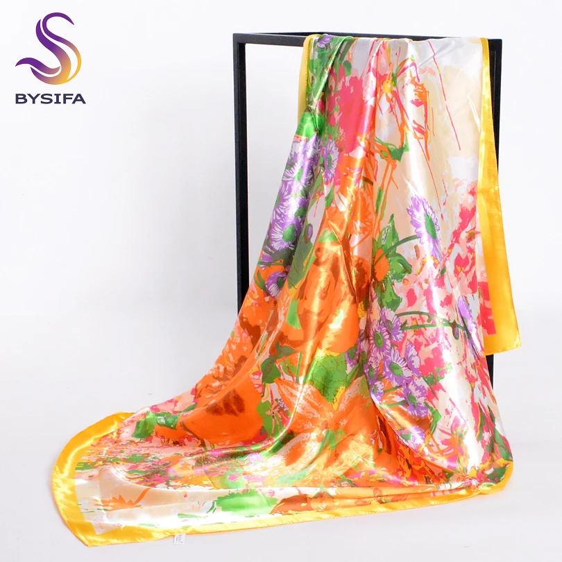 

[BYSIFA] Brand Accessories Ladies Silk Scarf Cape Spring Autumn Muslim Yellow Head Scarves Wraps 90*90cm China Style Neck Scarf