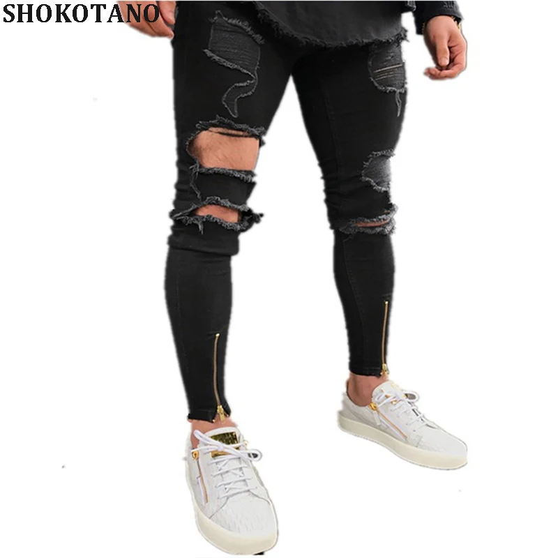 SHOKOTANO Рваные джинсы для Для мужчин хип-хоп черные обтягивающие Slim Fit байкер Jogger