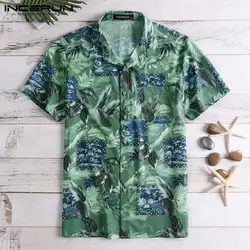 INCERUN мужские Гавайские рубашки с принтом с короткими рукавами и лацканами шеи свободные повседневные топы тропические пляжные рубашки