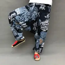 Уличная одежда, мужские шаровары, Женские Мешковатые брюки из хлопка и льна, широкие штаны, свободные штаны для танцев, мужская одежда с заниженным шаговым швом