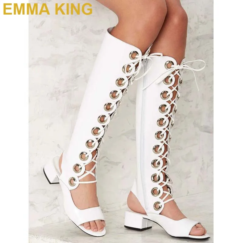 Fashion Hollow out Cross-tied Summer Knee Length Boots Women Sandals Open Toe Square Heel Woman High Boots Fashion Women's Shoes
