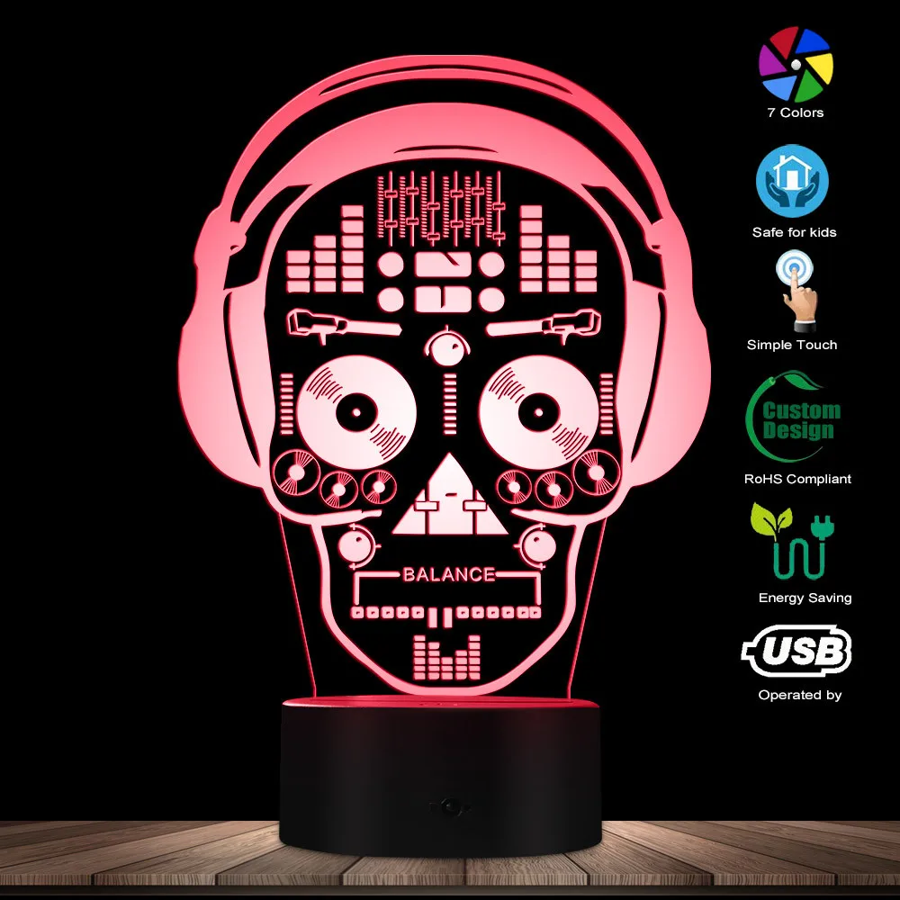 3D светодиодный иллюстрационный арт DJ скелет наушники звуковой миксер ночное