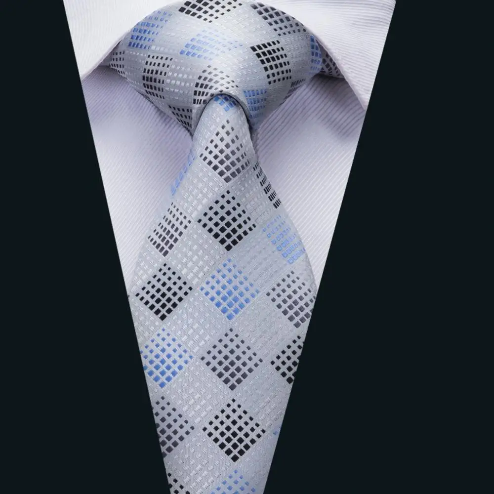 DH-1757 2018 Для мужчин галстук Белый Пледы шелк жаккард Тканые Классический Галстук Ханки Запонки Комплект для Бизнес Свадебная нарядная