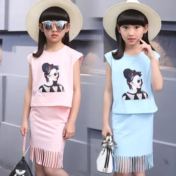 

Girls Summer Clothes Children's Clothing Set Boutique Outfits 2019 Toddler Kids T Shirt + Sheath Dress 2pcs 3 to 13 Year