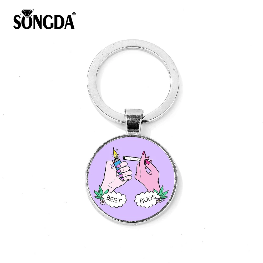 

SONGDA Fashion Cigarette Lighter Photo Keychain BEST BUDS Unique Design Purple Glass Pendant Car Key Ring Chain for Best Friends
