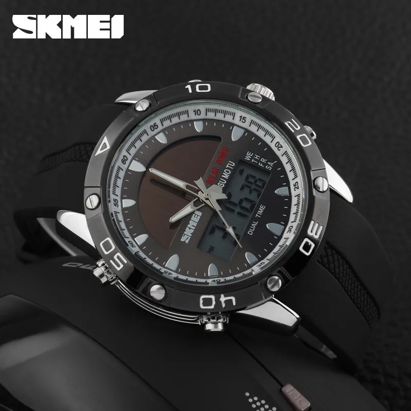 Watches Men Waterproof Solar Power Sports Casual Watch Man Men's Wristwatches 2 Time Zone Digital Quartz LED Clock Men