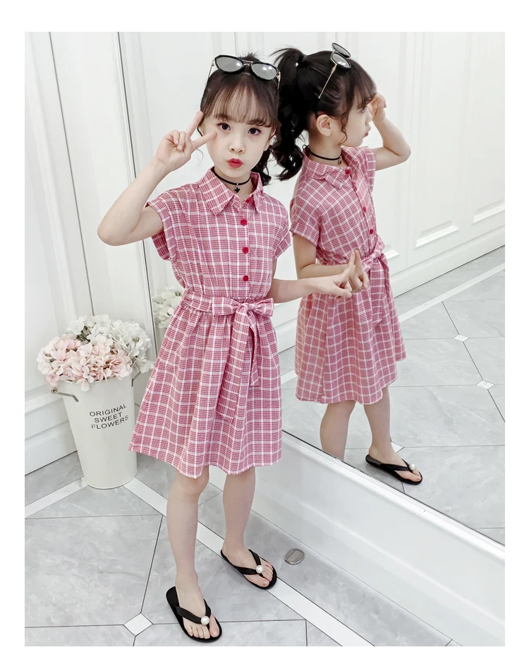Summer Red Grid White Dress For Baby Girls_03