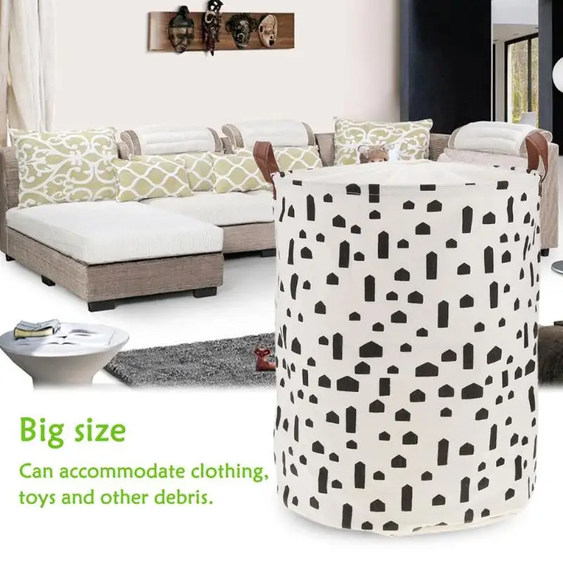 

Folding Drawstring Canvas Laundry Basket Simple Printed Dirty Clothes Kids Toys Large Bucket Storage Barrel Organizer for home